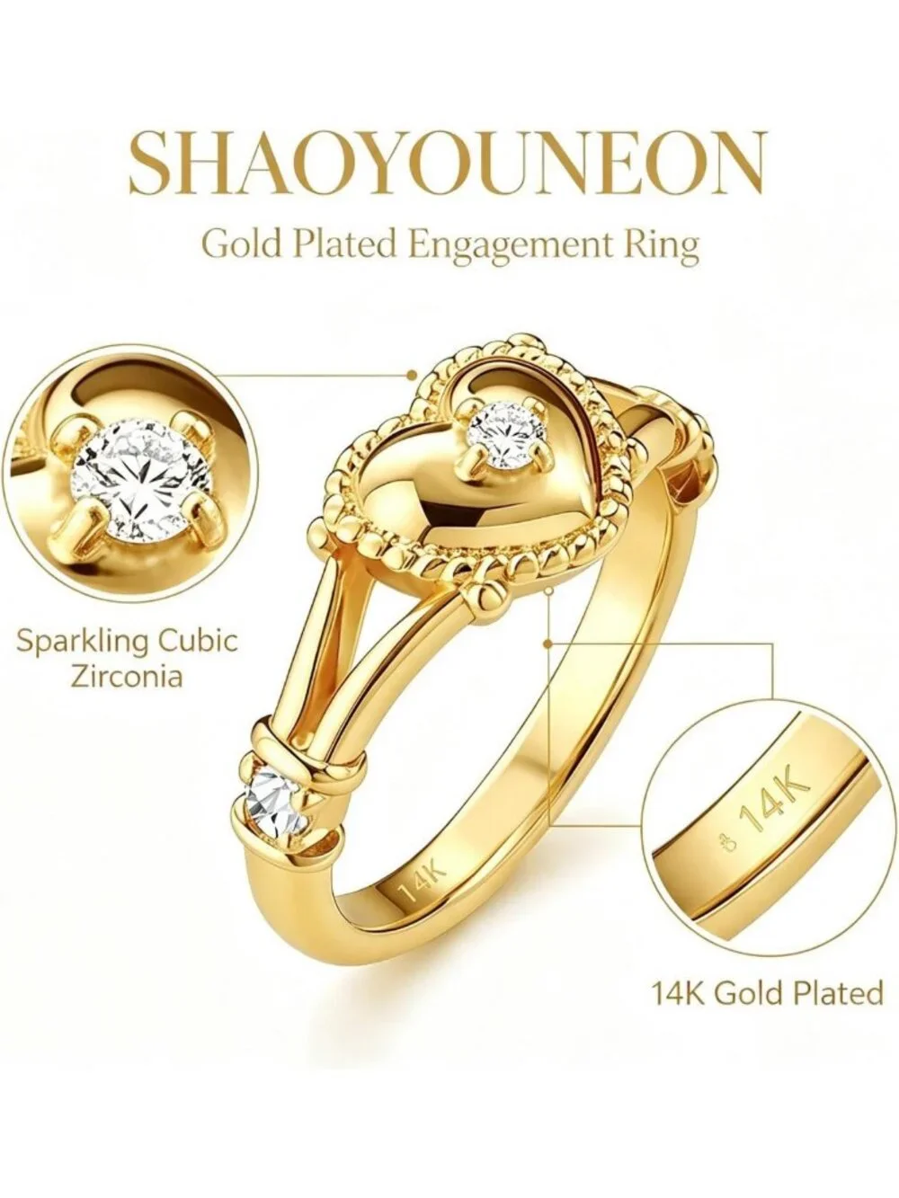 Vintage 14K Gold Plated Heart Signet Promise Ring for Women, Sizes 6-10